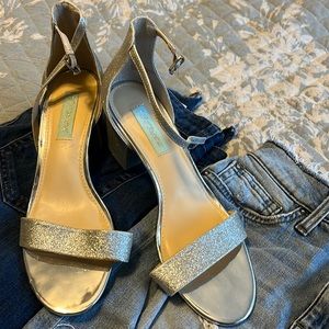Betsey Johnson, silver glitter, strappy shoes 10M
